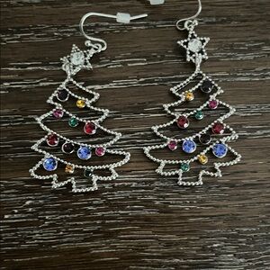 Festive Silver and Colorful Rhinestones Christmas Tree Earrings